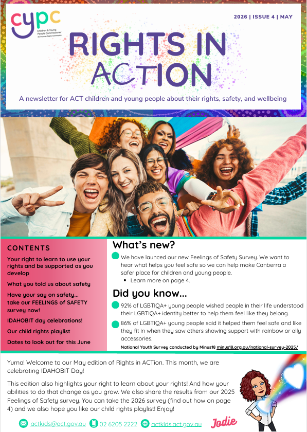 Image of the front cover of the newsletter showing a group of young people with a rainbow flag. 