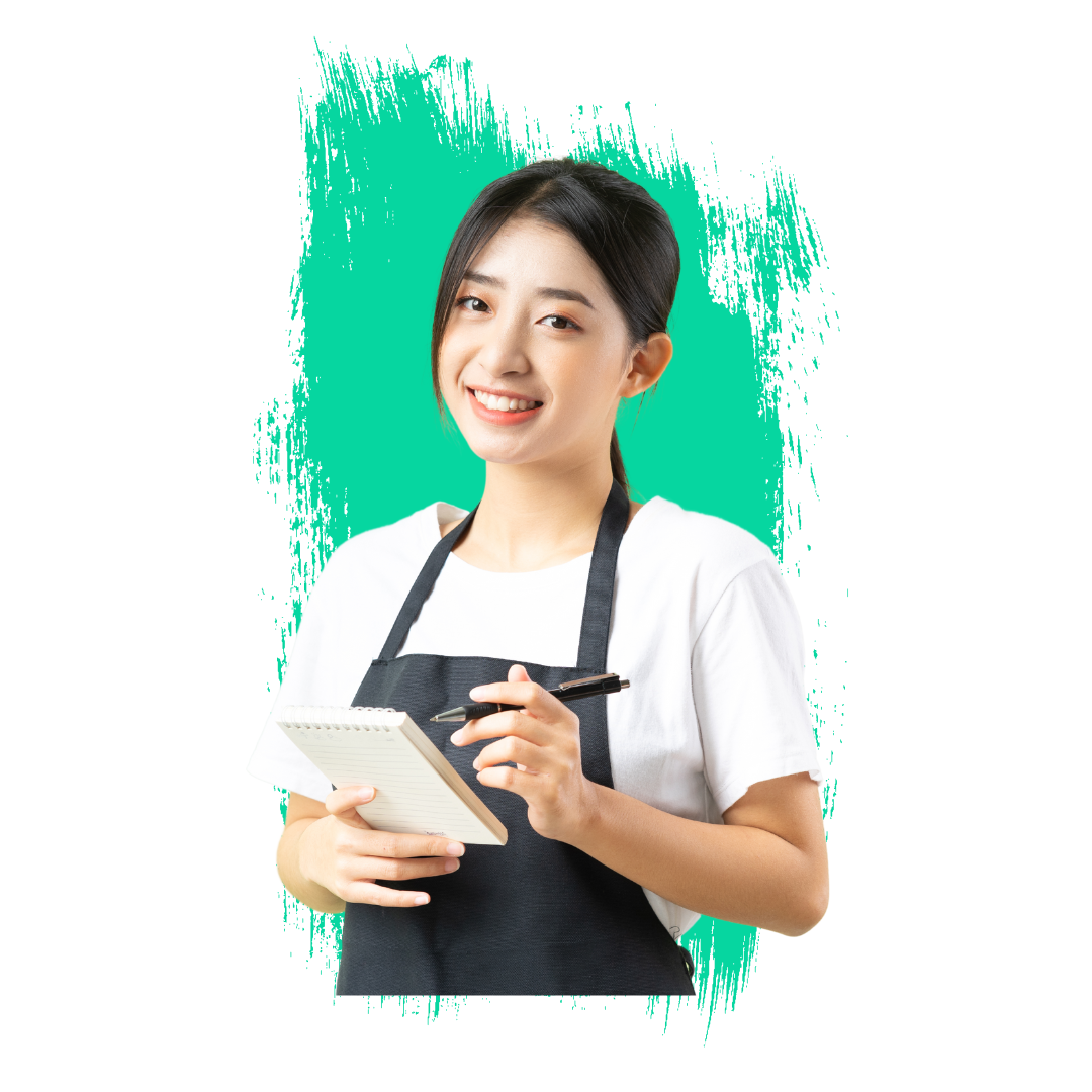 A waitress holding a pen, ready to take an order.