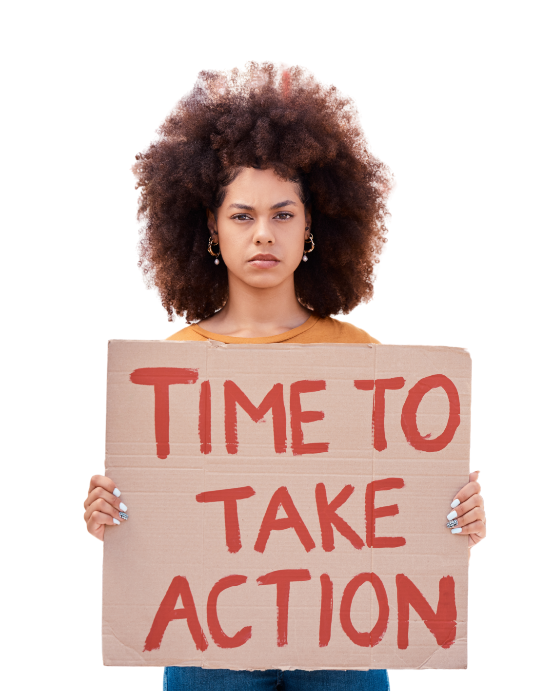 A young woman holds a sign saying 'Time to Take Action