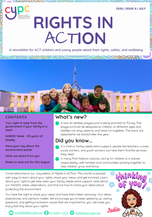 Image of the front cover of the newsletter showing a diverse group of smiling children in front of Parliament House.