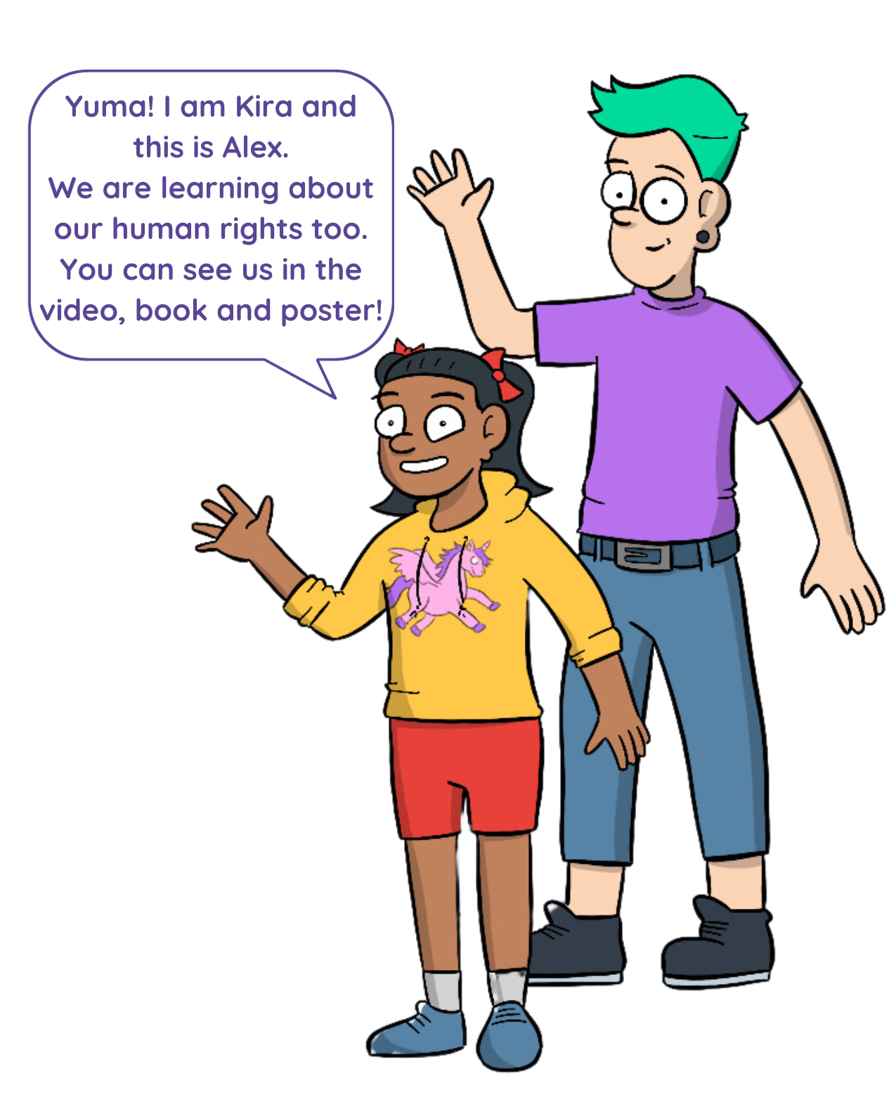 A cartoon girl and teenage boy waving